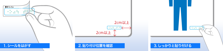 1.シールをはがす、2.貼り付け位置を確認、3.しっかりと貼り付ける